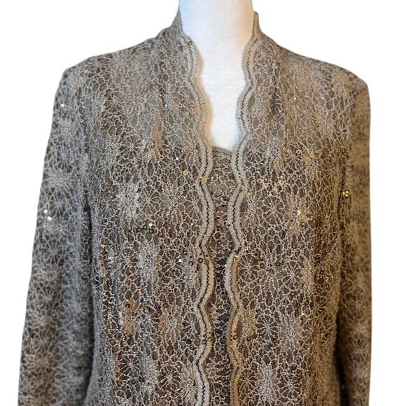 Alex Evenings Sparkly Lace Champagne 3/4 Sleeve Twin Set Size Large NWT - Picture 3 of 10